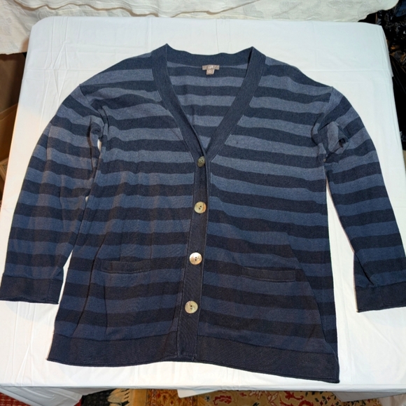 J Jill Cardigan Sweater Women's M Long Sleeve Ombre Blue Stripe w/ Front Pockets - Picture 1 of 7
